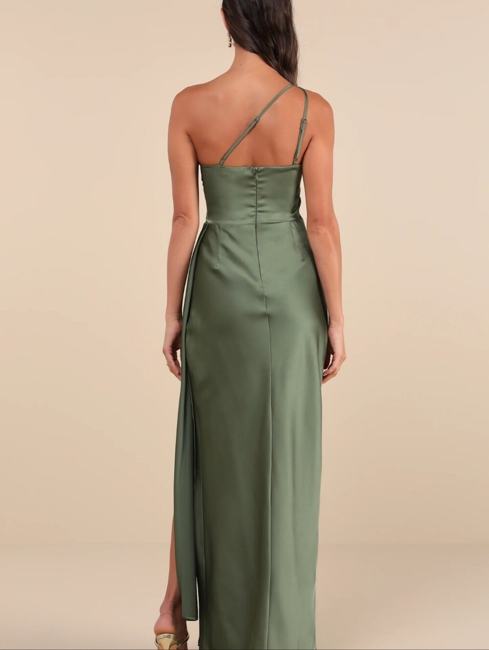 NWT Lulus Signature Elegance Olive Green Satin One-Shoulder Maxi Dress Size M - Picture 2 of 8